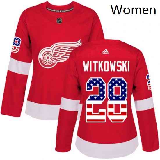 Womens Adidas Detroit Red Wings 28 Luke Witkowski Authentic Red USA Flag Fashion NHL Jersey